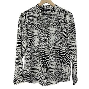 Lafayette 148 New York Size 4 Silk Animal Print Blouse Zebra Leopard Black White